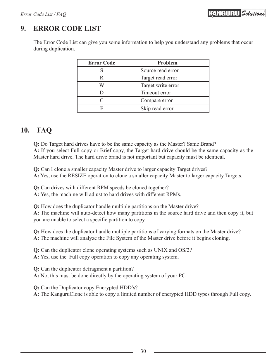Error code list | Kanguru Mobile Clone 1HD Duplicator User Manual | Page 30 / 34