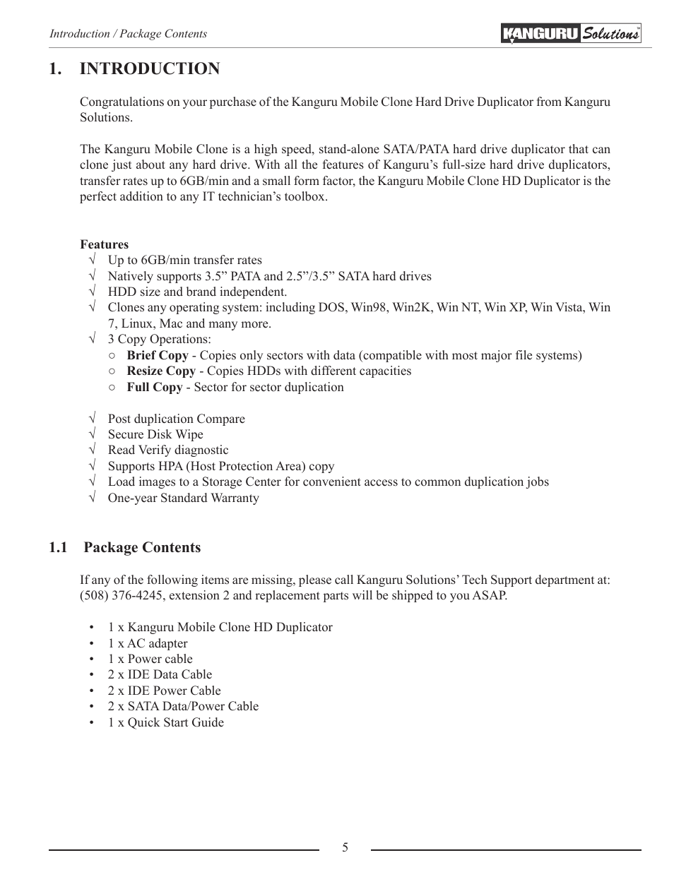 Introduction, Package contents | Kanguru Mobile Clone 1HD Duplicator User Manual | Page 5 / 34