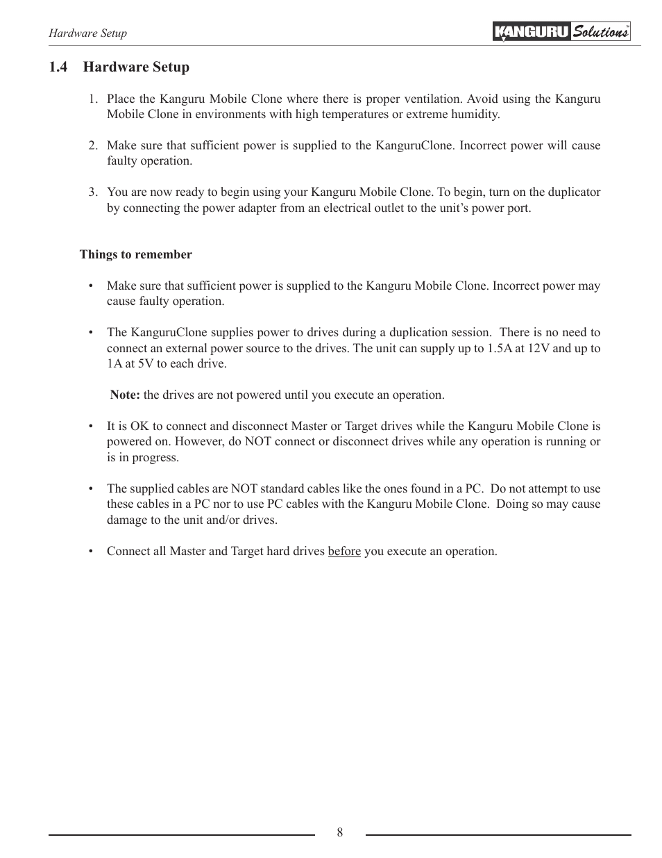 Hardware setup | Kanguru Mobile Clone 1HD Duplicator User Manual | Page 8 / 34