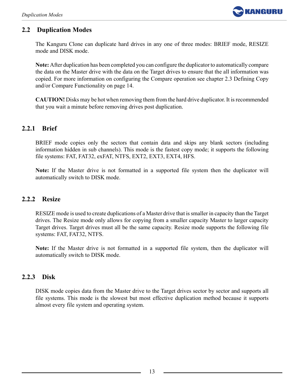 Duplication modes, Brief, Resize | Disk | Kanguru 5HD Tower Duplicator User Manual | Page 13 / 31