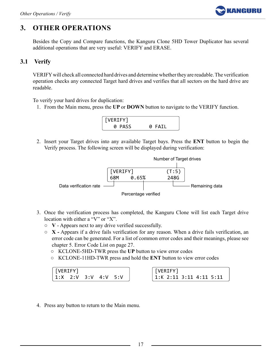 Other operations, Verify | Kanguru 5HD Tower Duplicator User Manual | Page 17 / 31