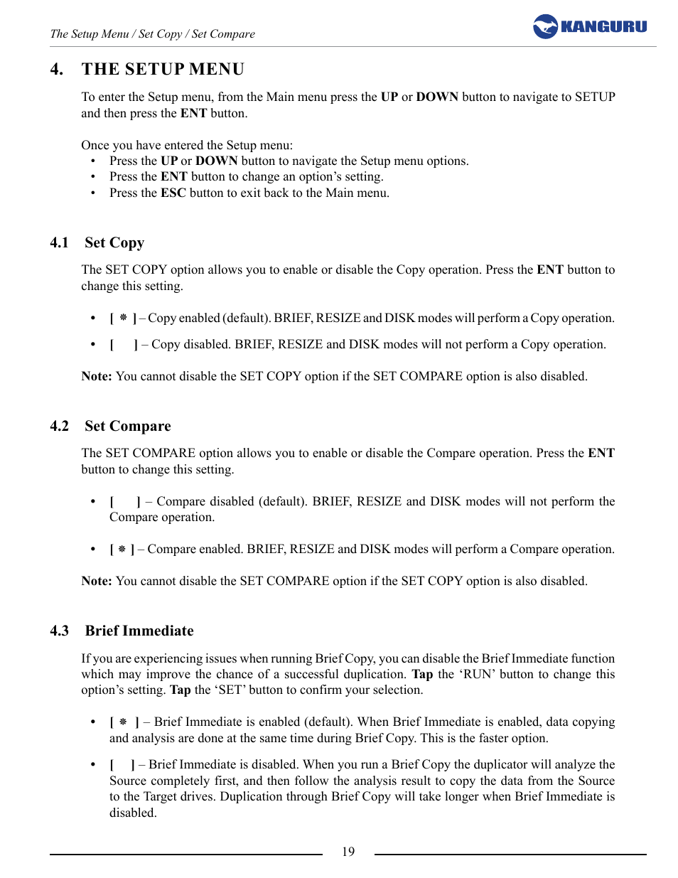 The setup menu, Set copy, Set compare | Brief immediate | Kanguru 5HD Tower Duplicator User Manual | Page 19 / 31