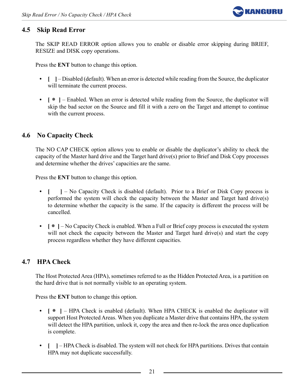 Skip read error, No capacity check, Hpa check | Kanguru 5HD Tower Duplicator User Manual | Page 21 / 31