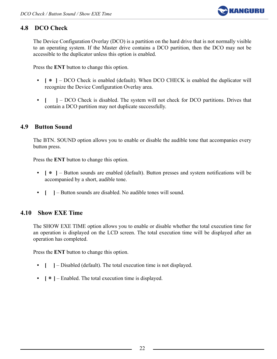 Dco check, Button sound, Show exe time | Kanguru 5HD Tower Duplicator User Manual | Page 22 / 31