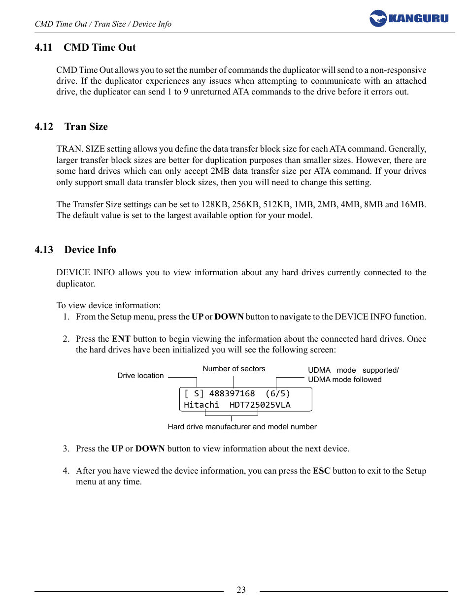 Cmd time out, Tran size, Device info | Kanguru 5HD Tower Duplicator User Manual | Page 23 / 31