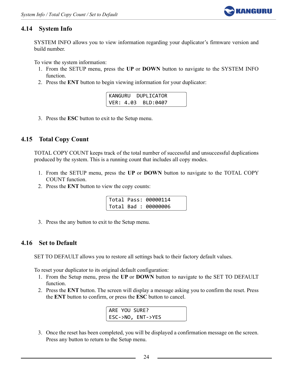 System info, Total copy count, Set to default | Kanguru 5HD Tower Duplicator User Manual | Page 24 / 31
