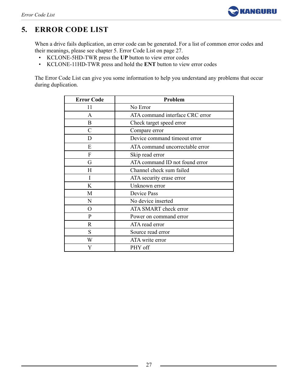 Error code list | Kanguru 5HD Tower Duplicator User Manual | Page 27 / 31