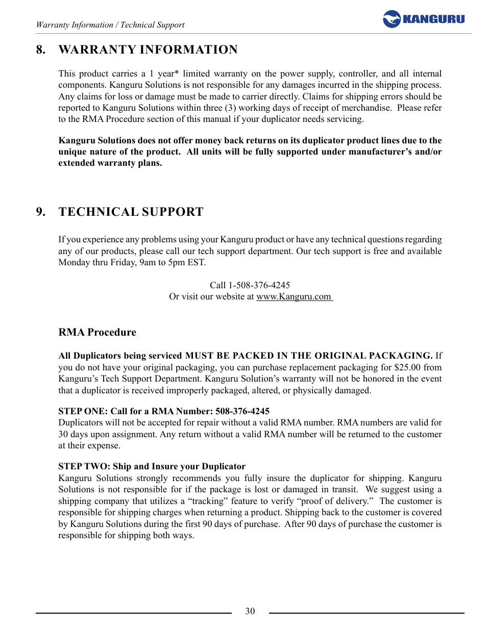 Warranty information, Technical support | Kanguru 5HD Tower Duplicator User Manual | Page 30 / 31