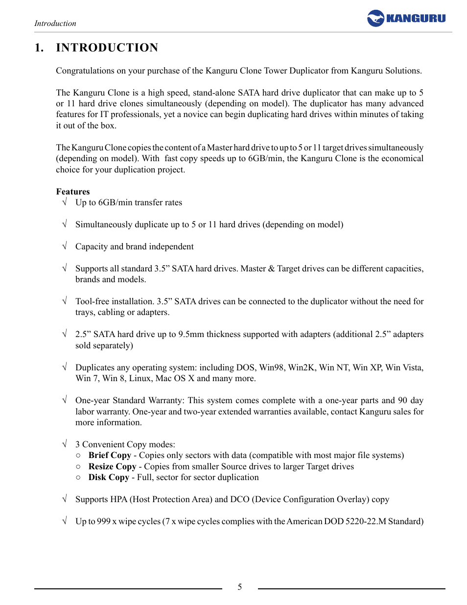 Introduction | Kanguru 5HD Tower Duplicator User Manual | Page 5 / 31