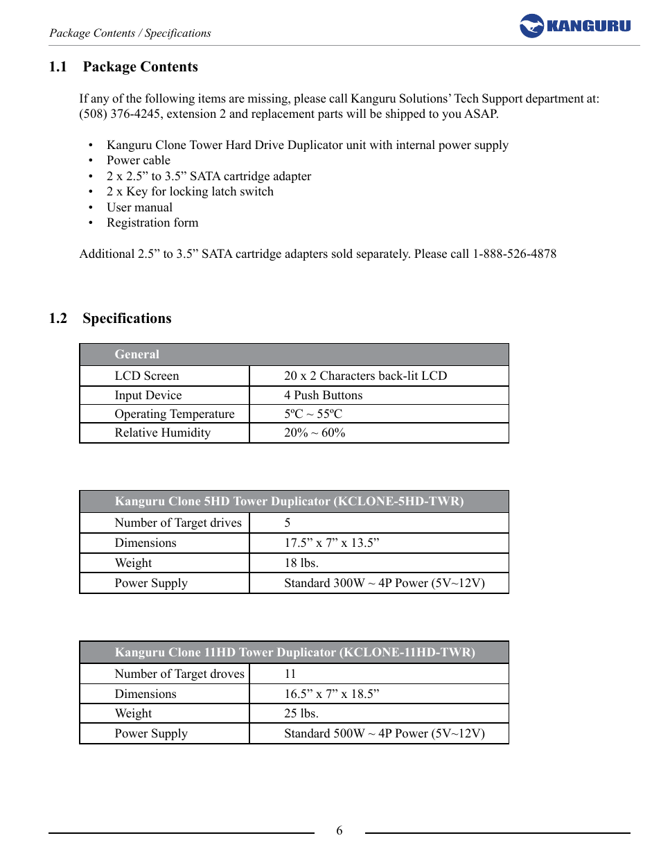 Package contents, Specifications | Kanguru 5HD Tower Duplicator User Manual | Page 6 / 31