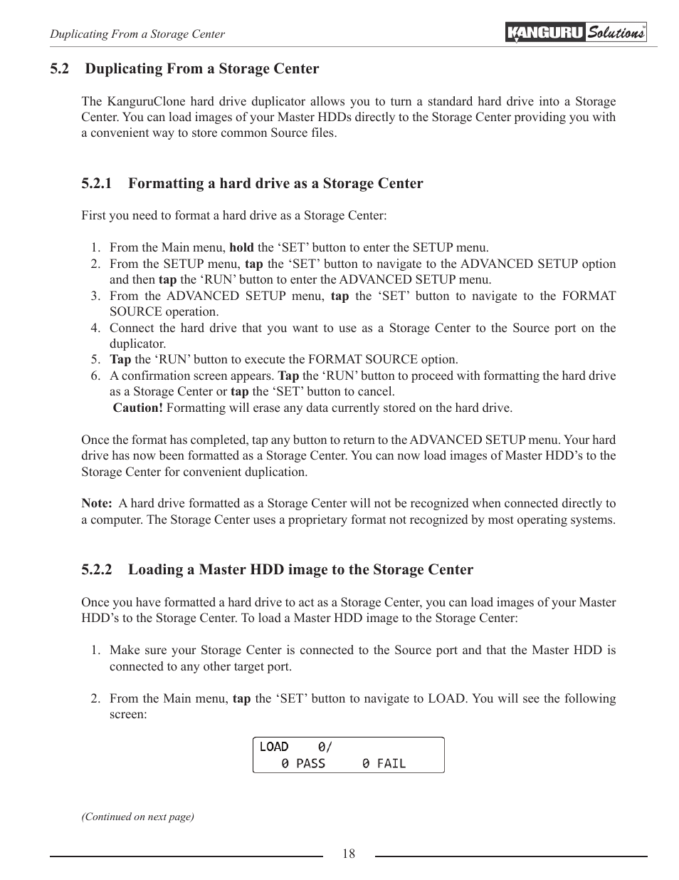Duplicating from a storage center, Formatting a hard drive as a storage center, Loading a master hdd image to the storage center | Kanguru 5HD-SATA User Manual | Page 18 / 44