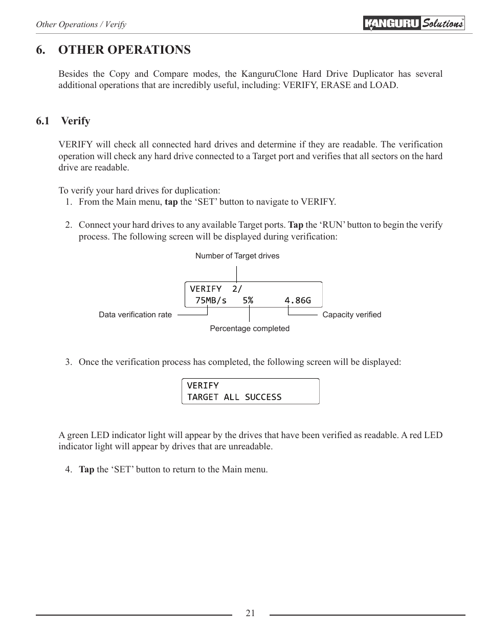 Other operations, Verify | Kanguru 5HD-SATA User Manual | Page 21 / 44