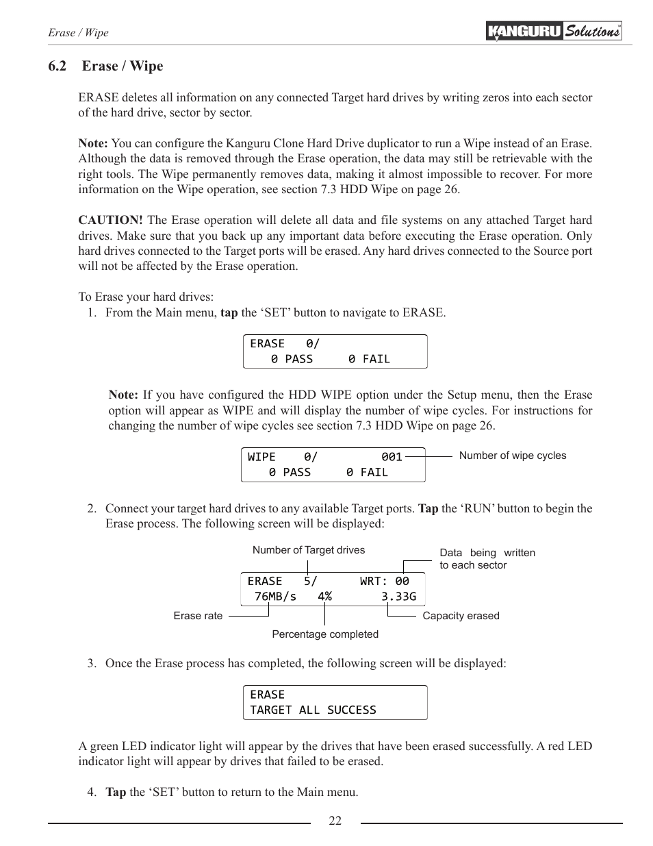 Erase / wipe, 2 erase / wipe | Kanguru 5HD-SATA User Manual | Page 22 / 44