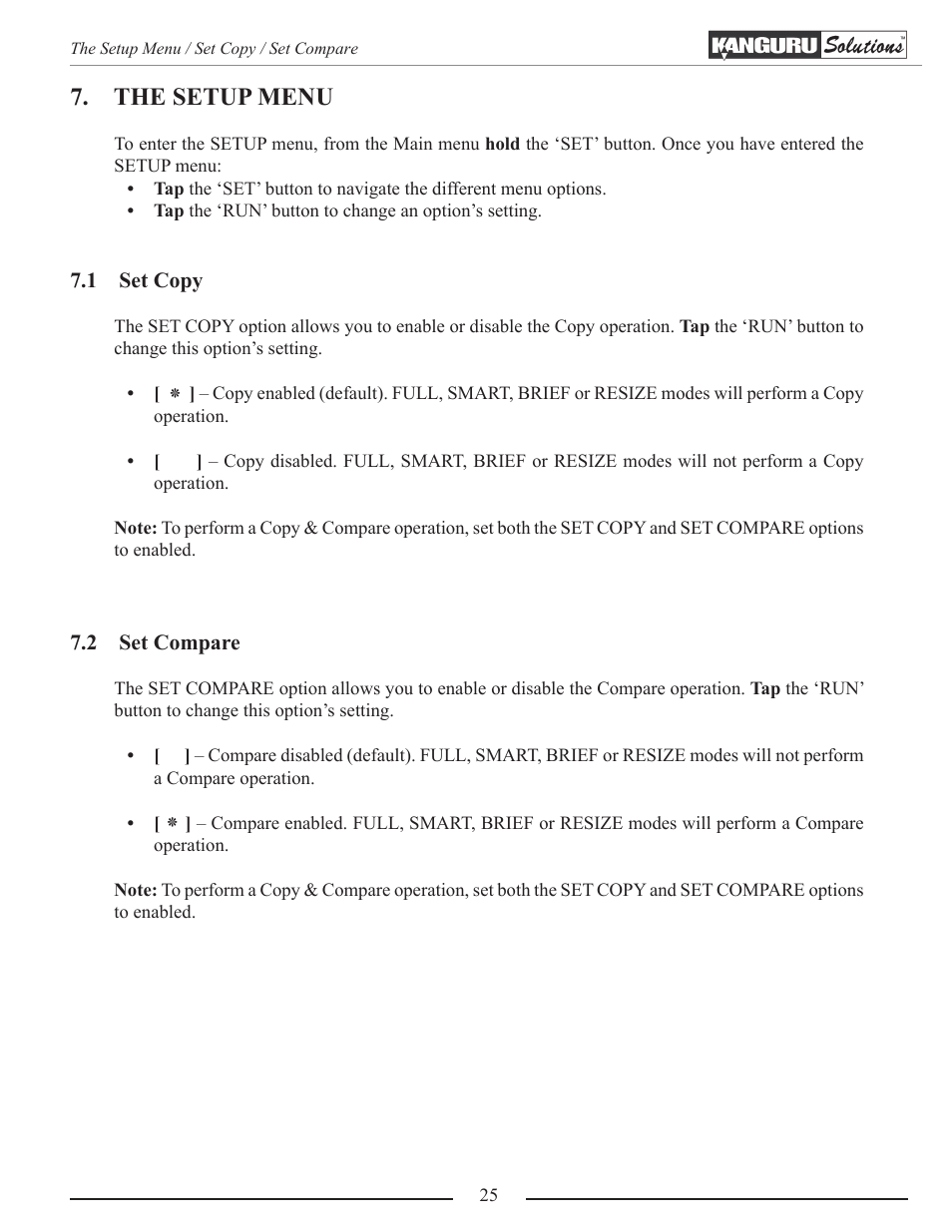 The setup menu, Set copy, Set compare | Kanguru 5HD-SATA User Manual | Page 25 / 44