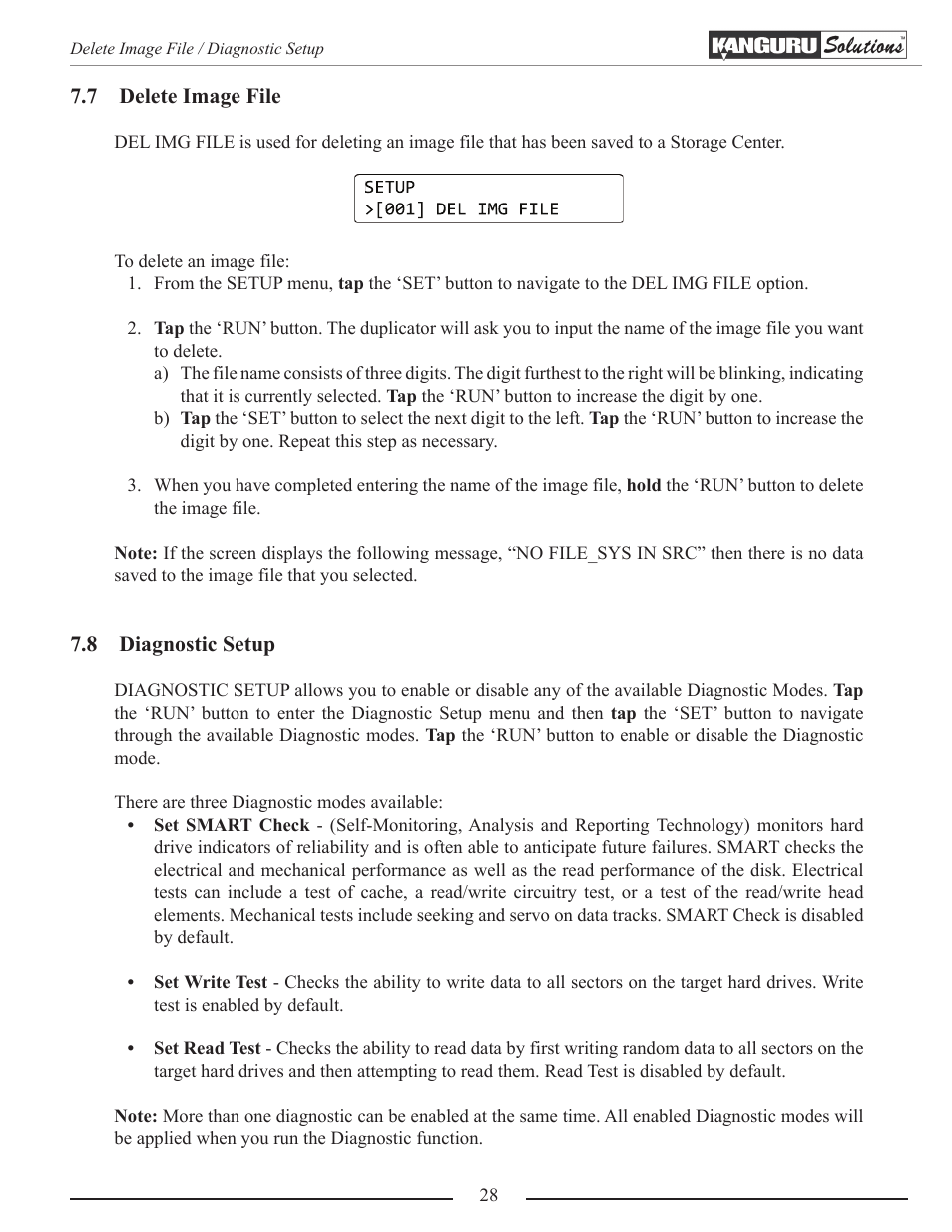 Delete image file, Diagnostic setup | Kanguru 5HD-SATA User Manual | Page 28 / 44