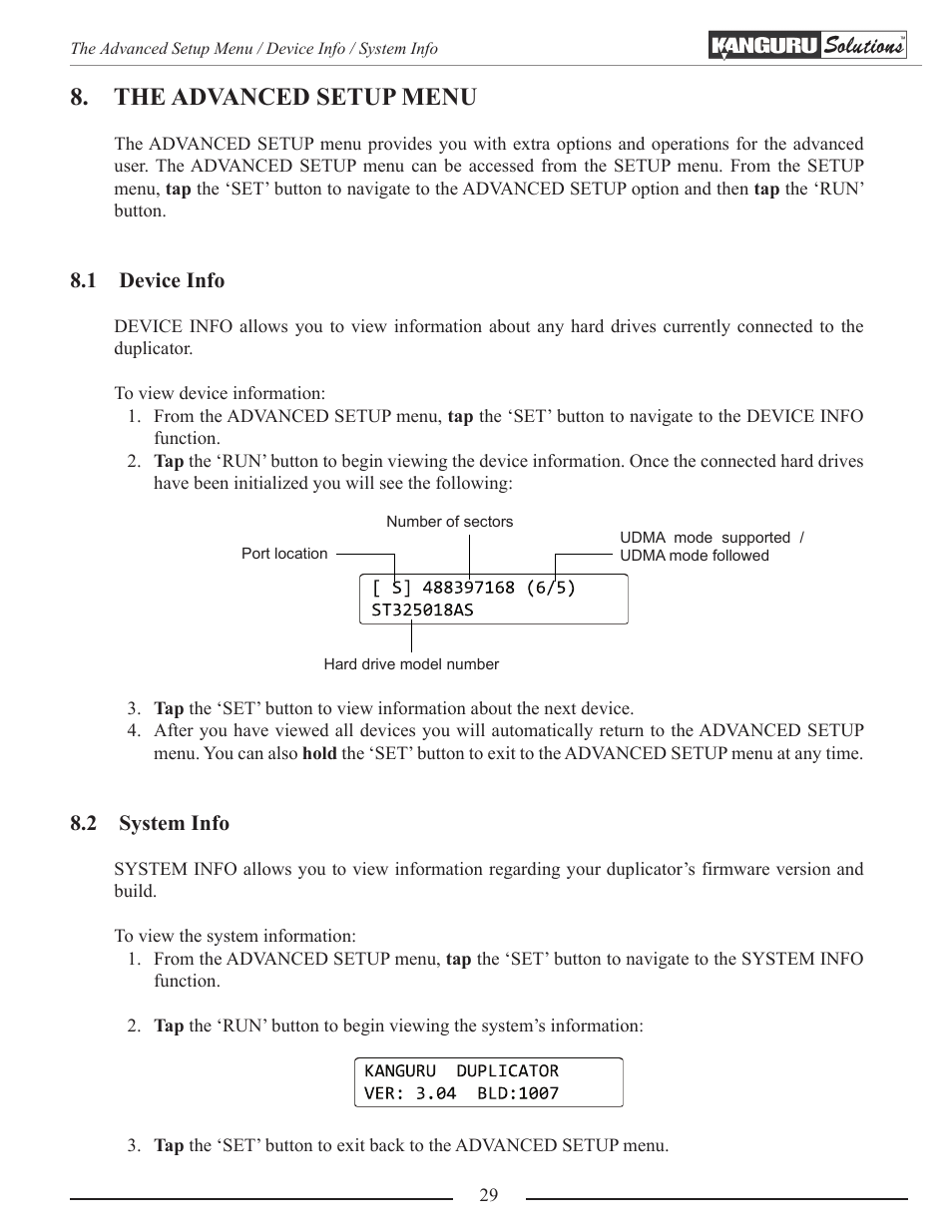 The advanced setup menu, Device info, System info | Kanguru 5HD-SATA User Manual | Page 29 / 44