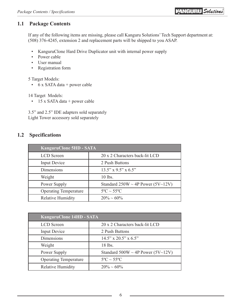 Package contents, Specifications | Kanguru 5HD-SATA User Manual | Page 6 / 44