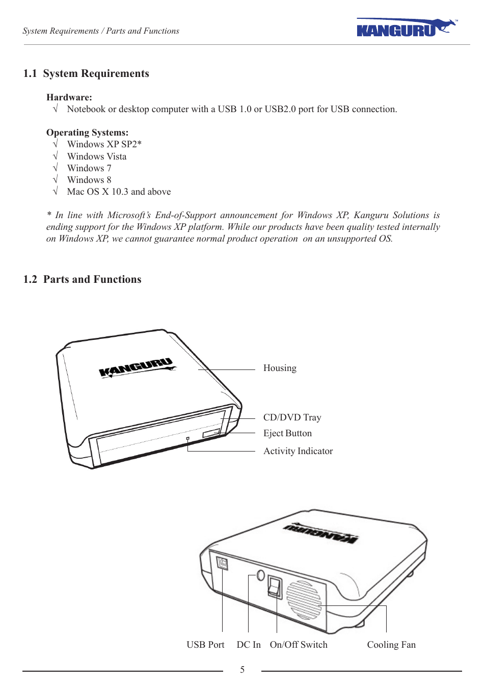 1 system requirements, 2 parts and functions | Kanguru QS2 DVDRW User Manual | Page 5 / 10