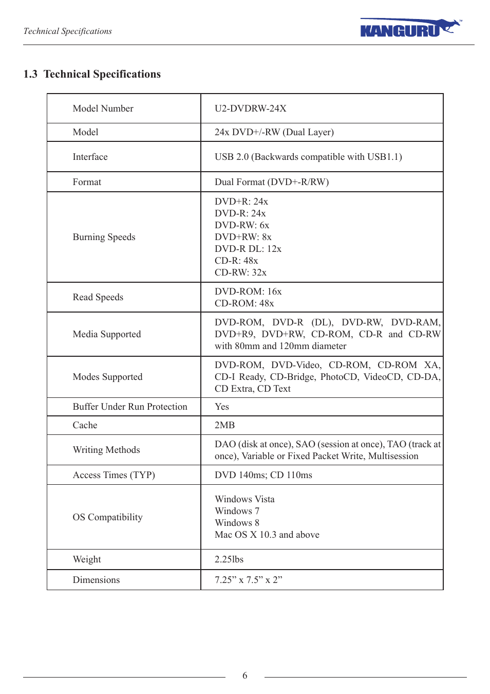 3 technical specifications | Kanguru QS2 DVDRW User Manual | Page 6 / 10