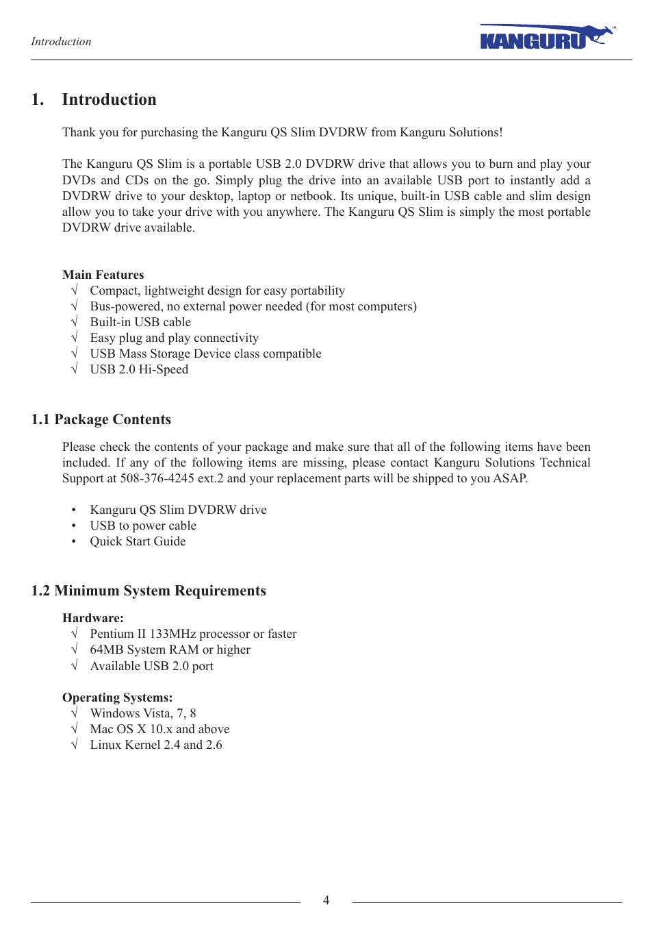 Introduction, 1 package contents, 2 minimum system requirements | Kanguru QS Slim DVDRW Quick Start User Manual | Page 4 / 13