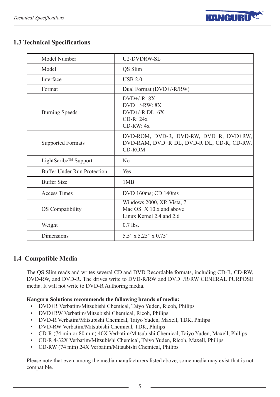 3 technical specifications, 4 compatible media | Kanguru QS Slim DVDRW Quick Start User Manual | Page 5 / 13
