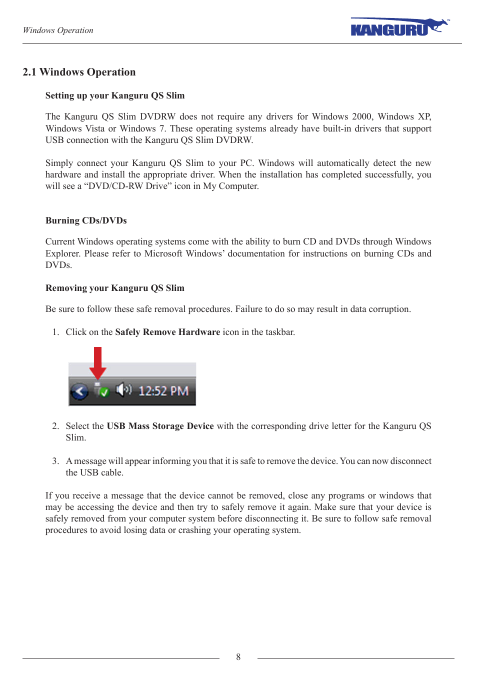 1 windows operation | Kanguru QS Slim DVDRW Quick Start User Manual | Page 8 / 13