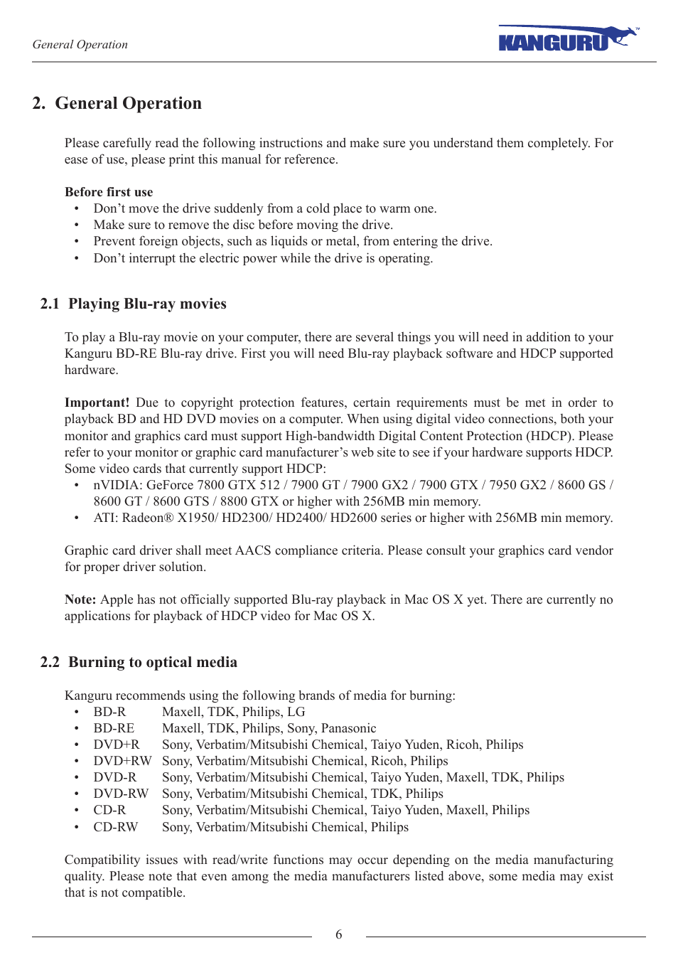 General operation | Kanguru BRRW USB2.0 Bluray Burner v1 User Manual | Page 6 / 10