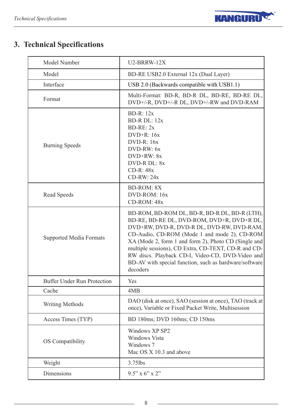 Technical specifications | Kanguru BRRW USB2.0 Bluray Burner v1 User Manual | Page 8 / 10
