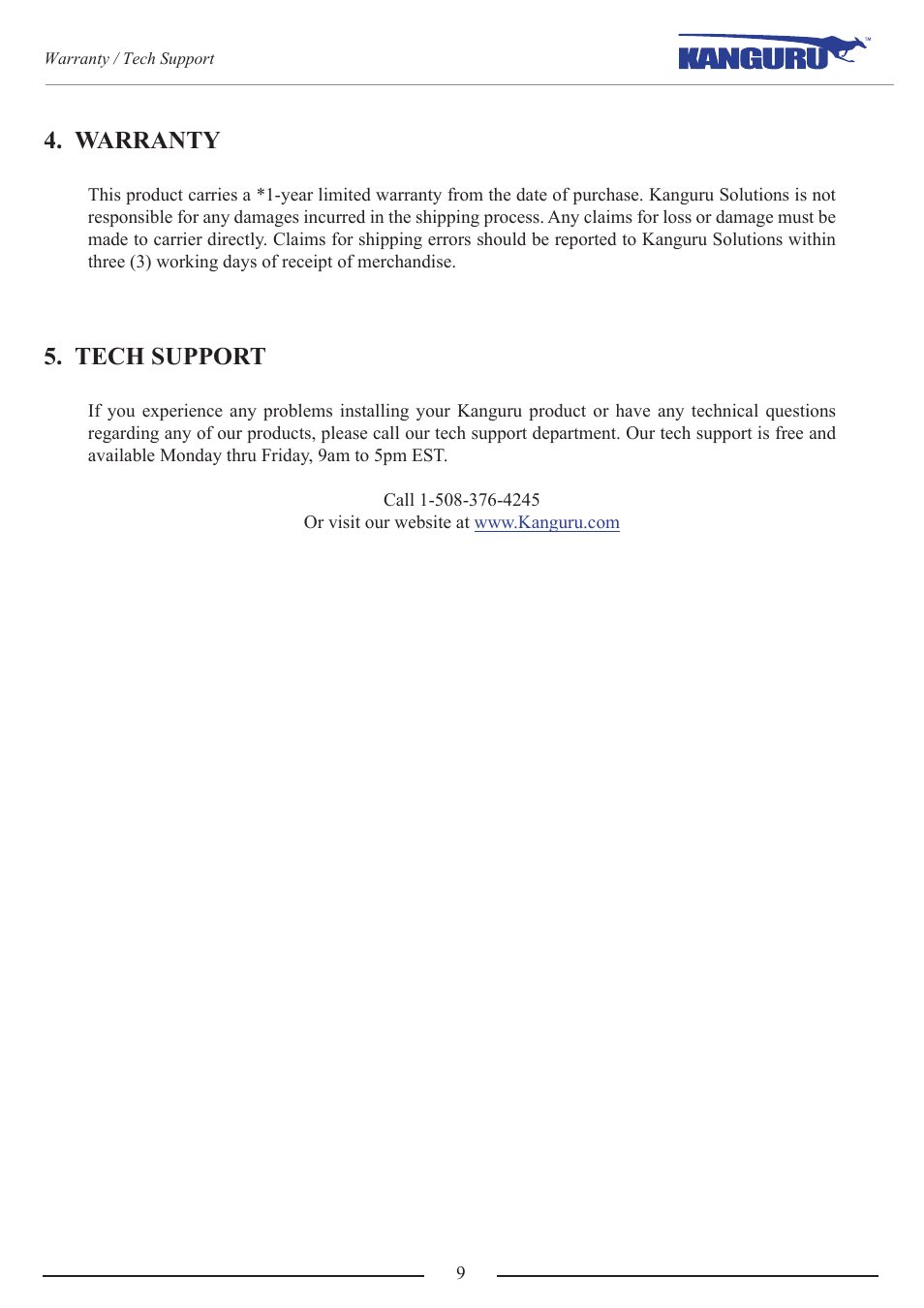 Warranty, Tech support | Kanguru BRRW USB2.0 Bluray Burner v1 User Manual | Page 9 / 10