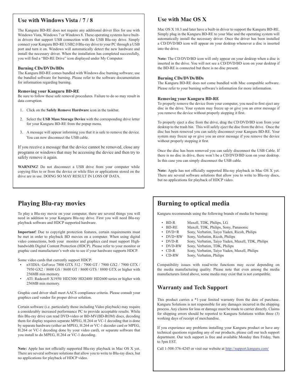 Playing blu-ray movies, Burning to optical media, Use with windows vista / 7 / 8 | Use with mac os x, Warranty and tech support | Kanguru BRRW USB2.0 Bluray Burner Quick Start v1 User Manual | Page 2 / 2