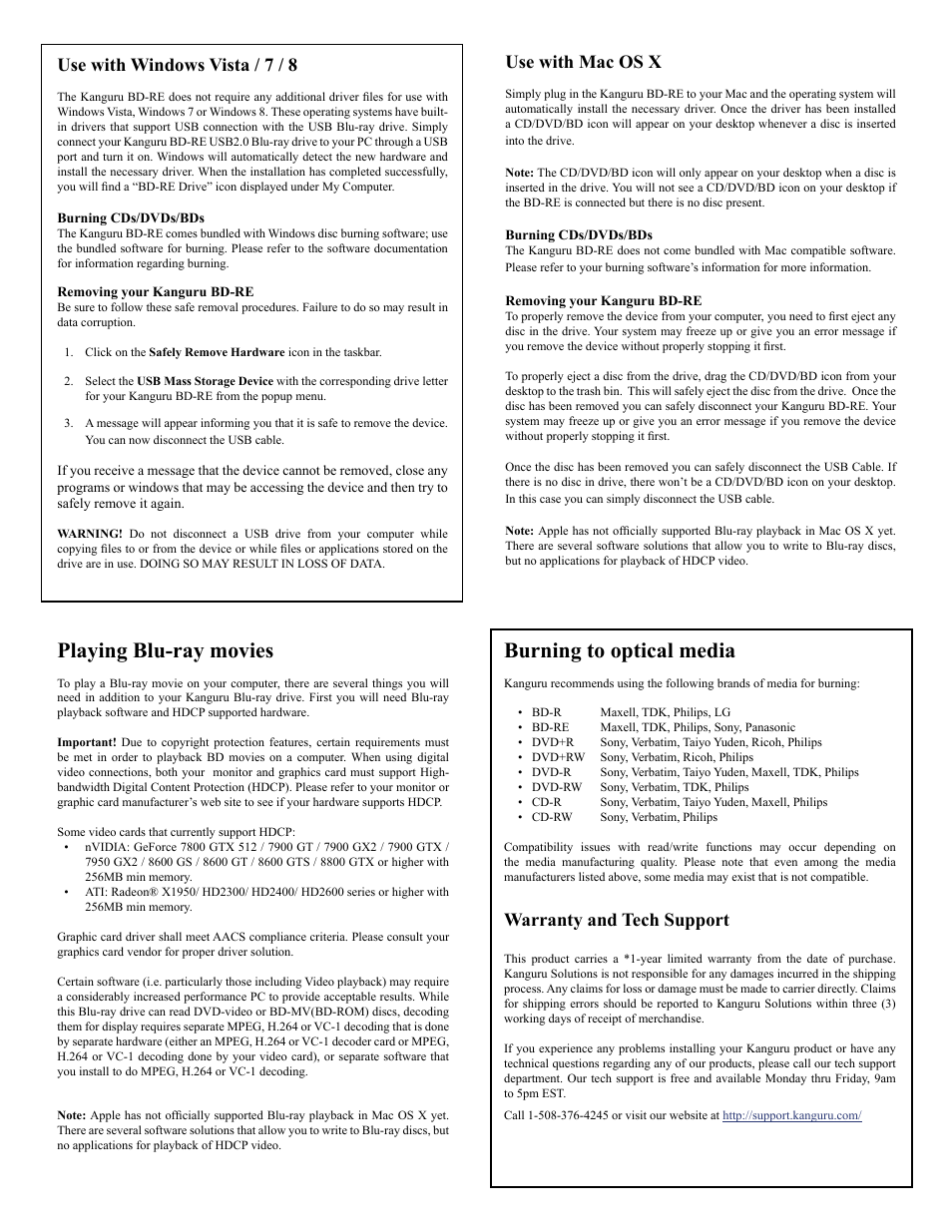 Playing blu-ray movies, Burning to optical media, Use with windows vista / 7 / 8 | Use with mac os x, Warranty and tech support | Kanguru BRRW USB2.0 Bluray Burner Quick Start v2 User Manual | Page 2 / 2