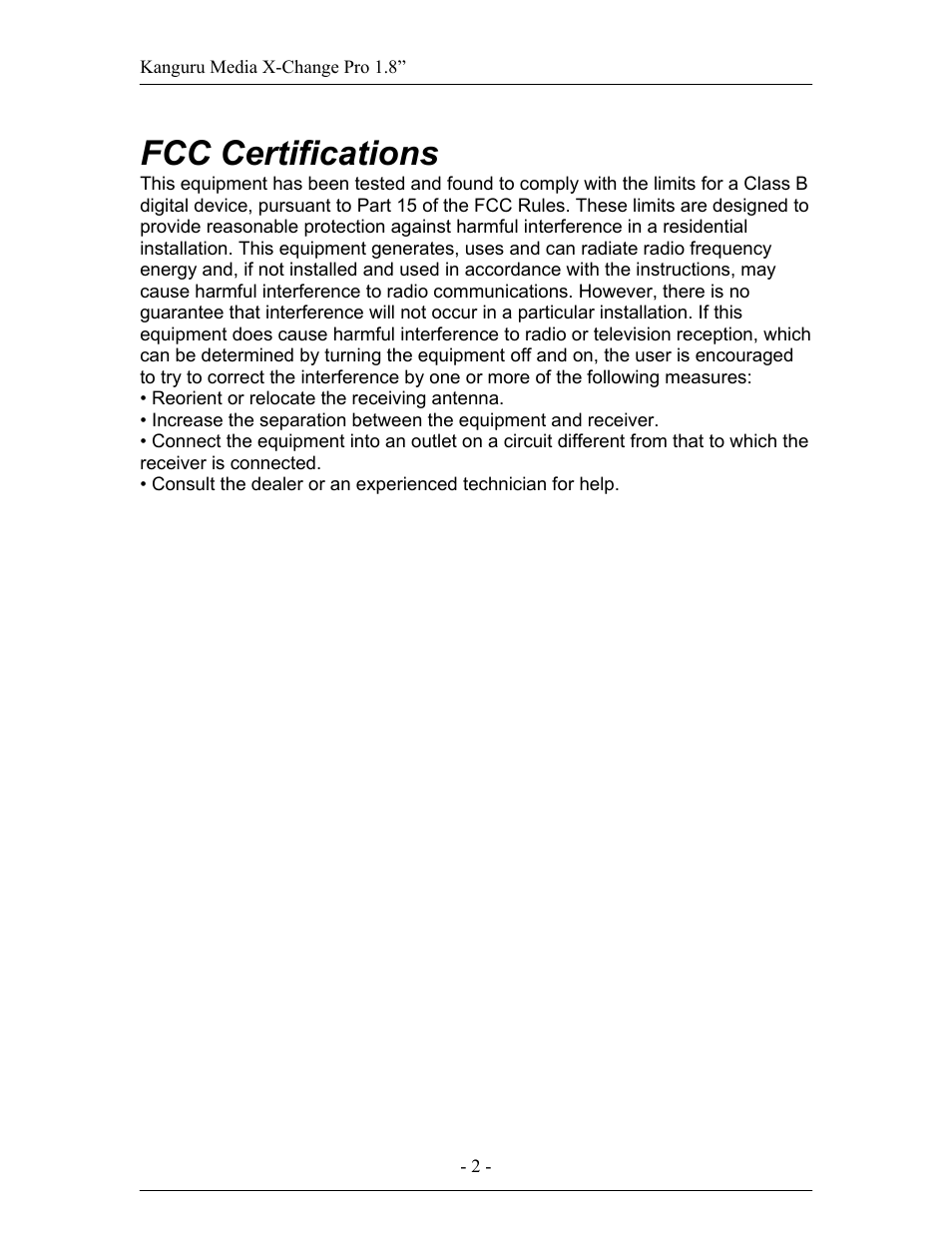 Fcc certifications | Kanguru Exchange Pro User Manual | Page 2 / 19