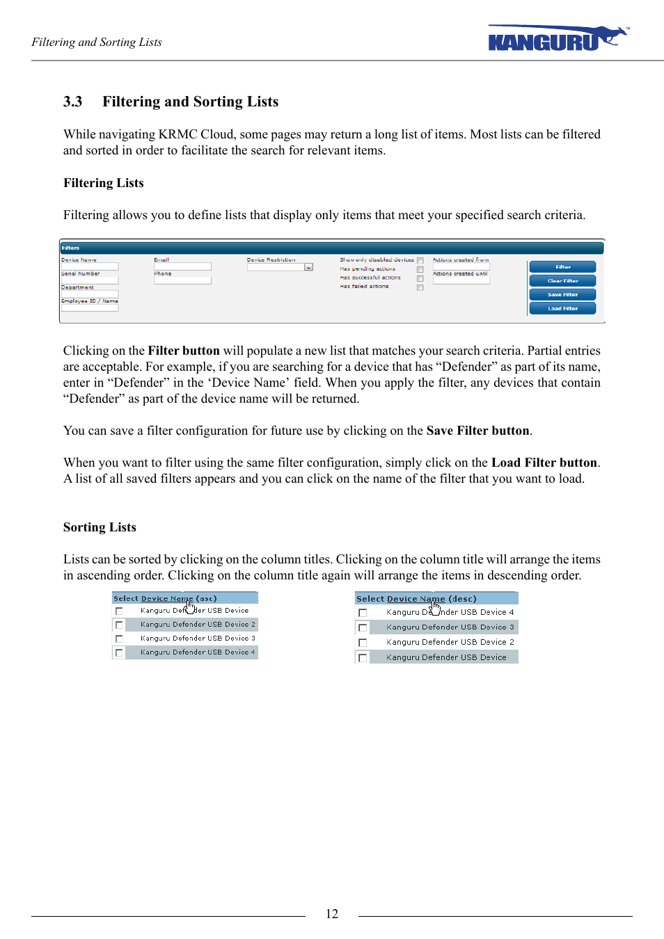 Filtering and sorting lists | Kanguru KRMC Cloud User Manual | Page 12 / 51