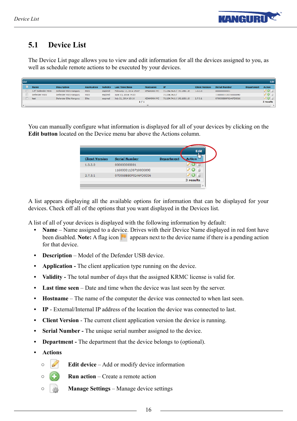 Device list, P.16, 1 device list | Kanguru KRMC Cloud User Manual | Page 16 / 51