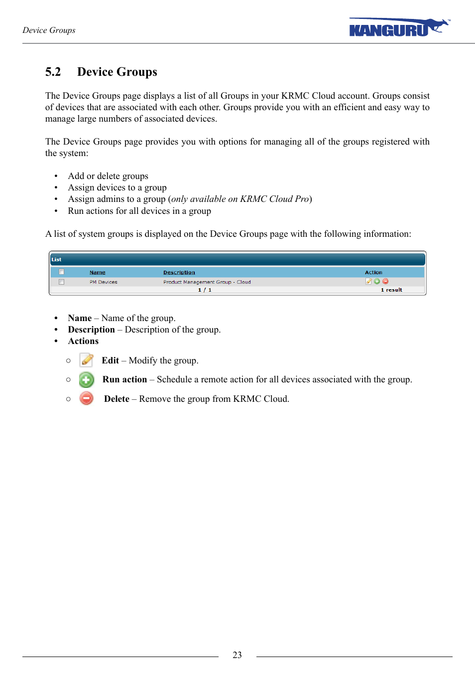 Device groups, P.23, 2 device groups | Kanguru KRMC Cloud User Manual | Page 23 / 51