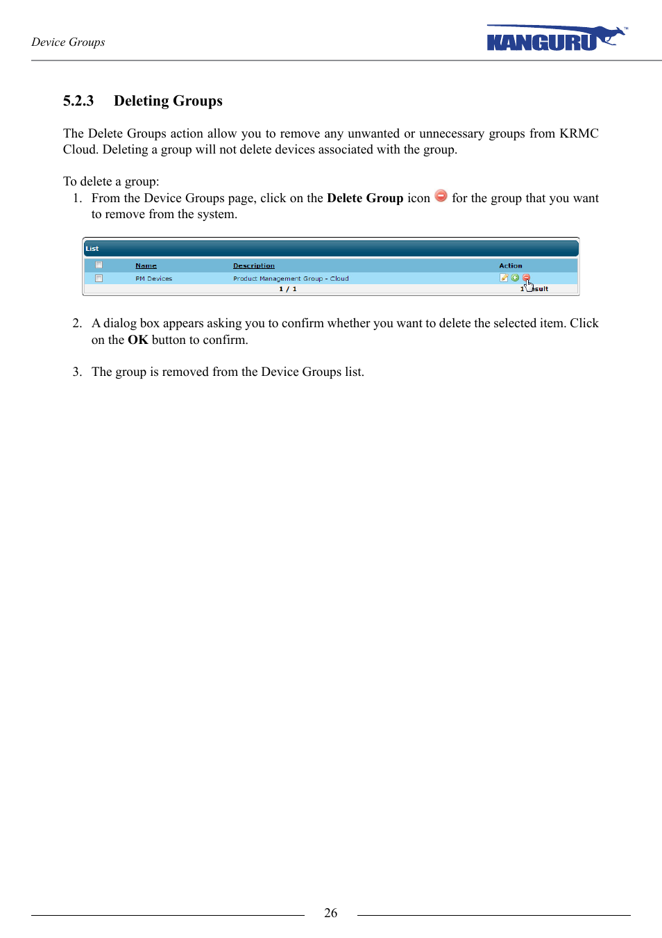 Deleting groups | Kanguru KRMC Cloud User Manual | Page 26 / 51