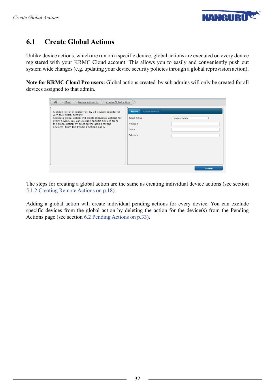 Create global actions, P.32, 1 create global actions | Kanguru KRMC Cloud User Manual | Page 32 / 51