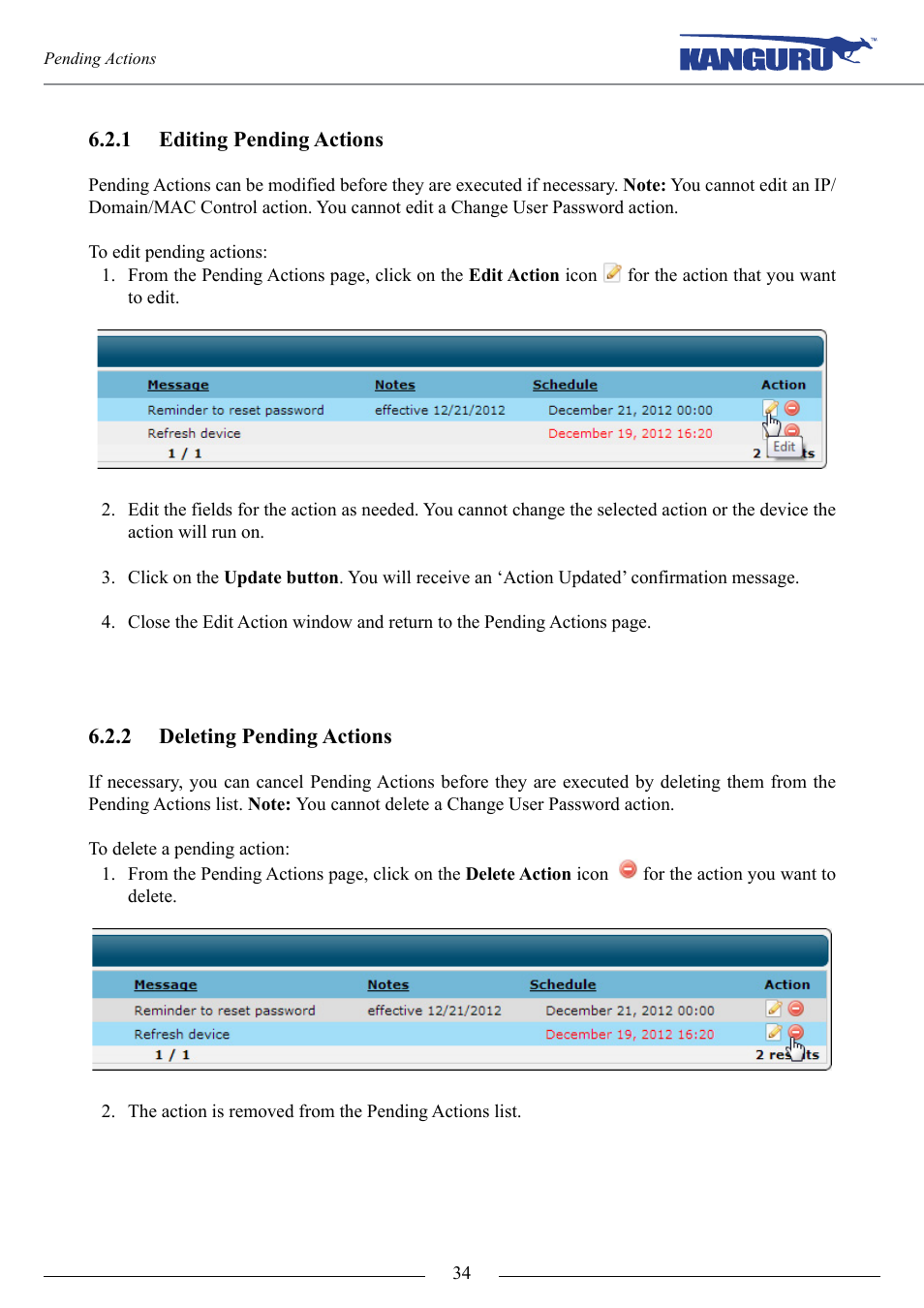 Editing pending actions, Deleting pending actions | Kanguru KRMC Cloud User Manual | Page 34 / 51