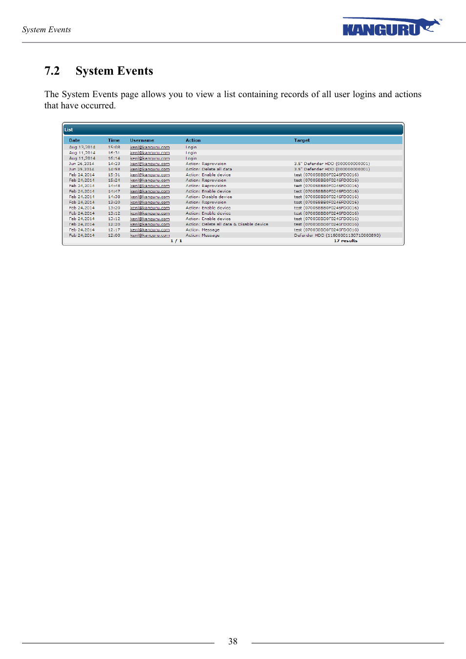 System events, 2 system events | Kanguru KRMC Cloud User Manual | Page 38 / 51