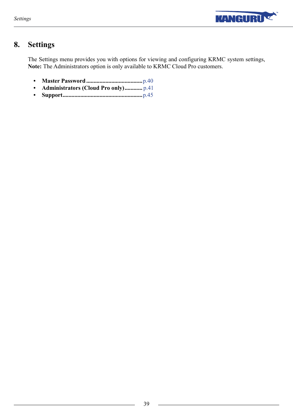 Settings | Kanguru KRMC Cloud User Manual | Page 39 / 51