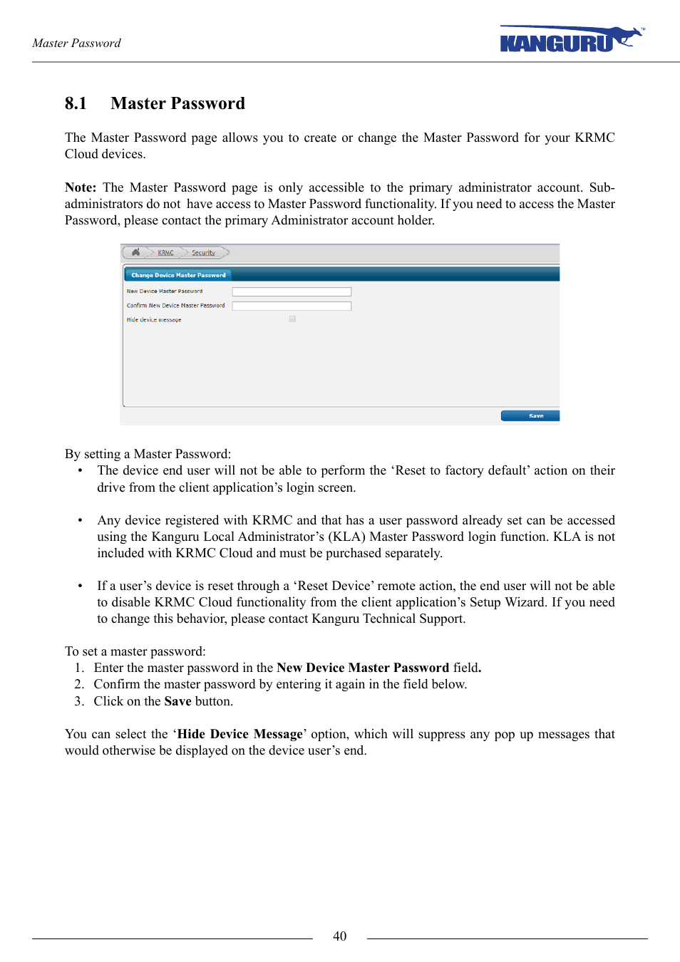 Master password, 1 master password | Kanguru KRMC Cloud User Manual | Page 40 / 51