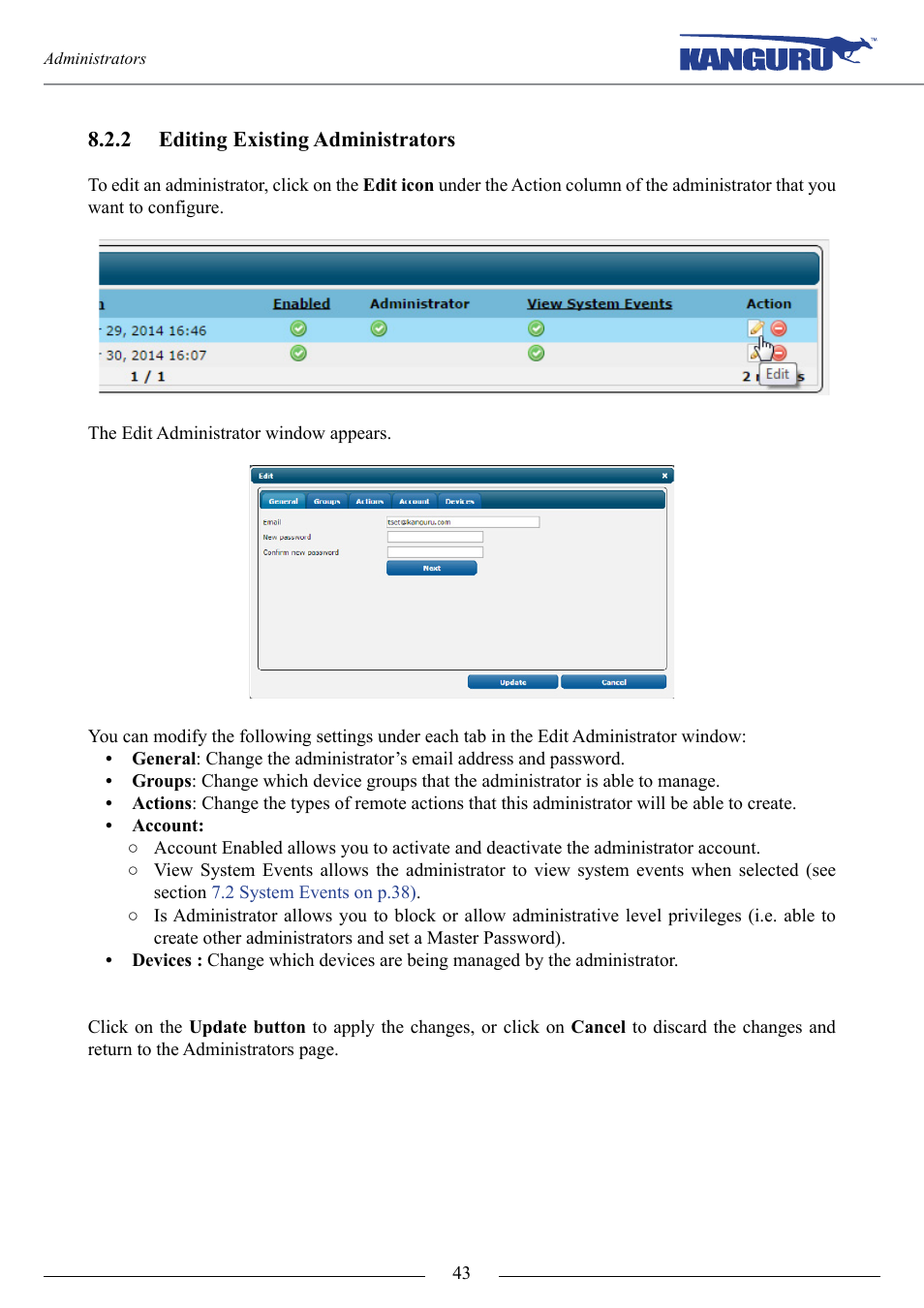 Editing existing administrators | Kanguru KRMC Cloud User Manual | Page 43 / 51