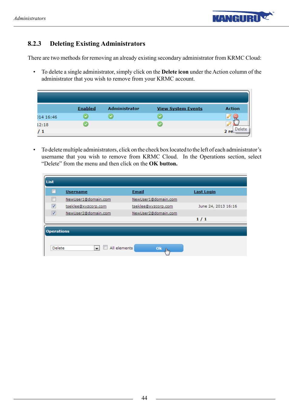 Deleting existing administrators | Kanguru KRMC Cloud User Manual | Page 44 / 51