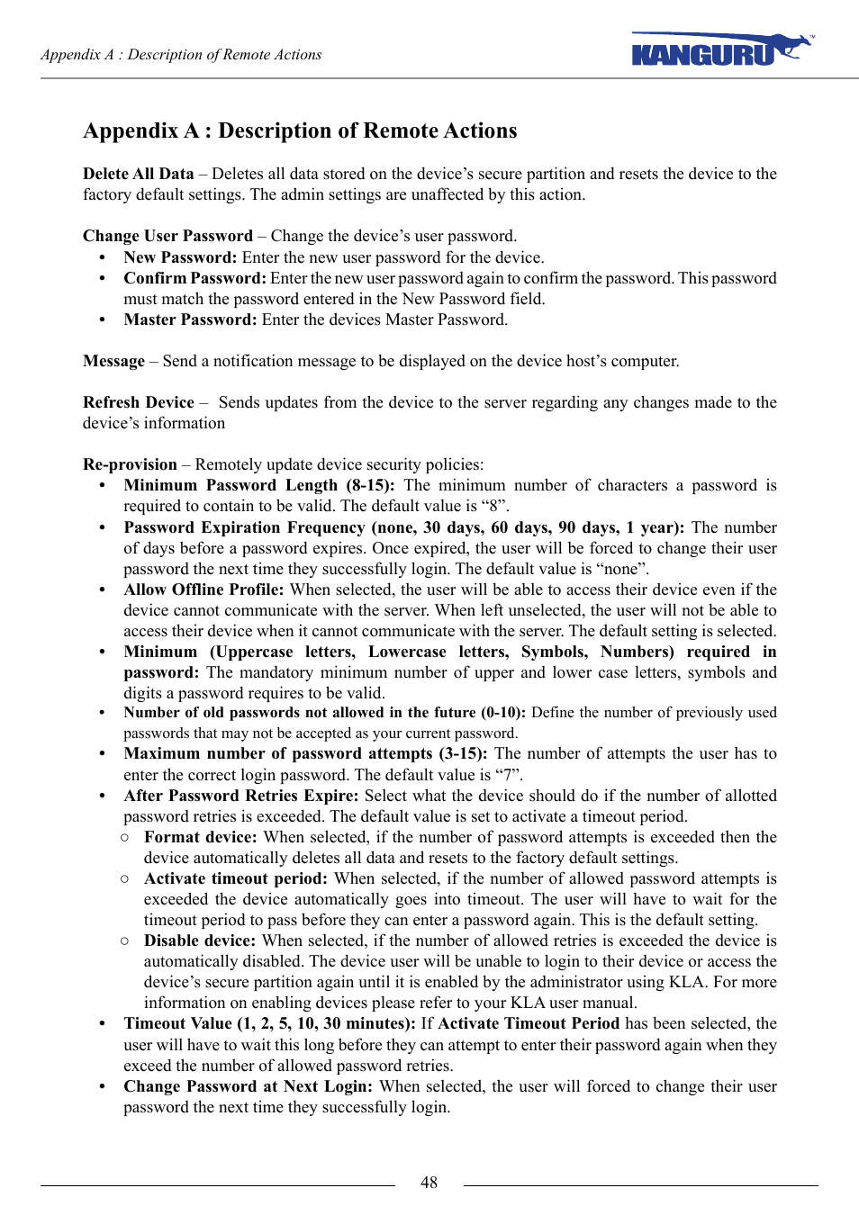 Appendix a : description of remote actions | Kanguru KRMC Cloud User Manual | Page 48 / 51