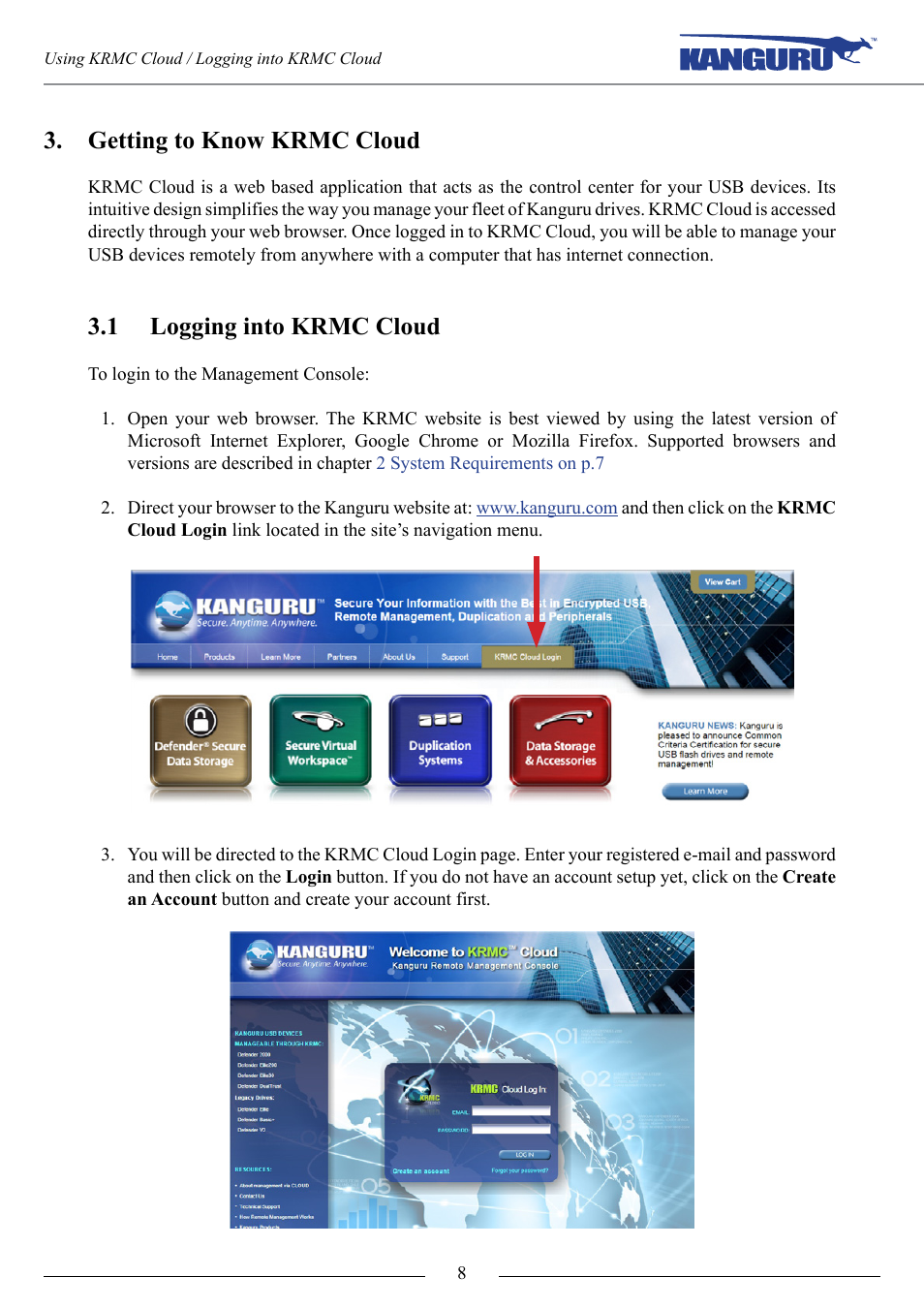 Getting to know krmc cloud, Logging into krmc cloud, 1 logging into krmc cloud | Kanguru KRMC Cloud User Manual | Page 8 / 51