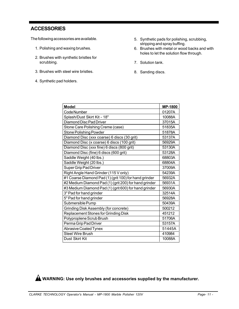Accessories | Clarke Alto MP-1800 User Manual | Page 11 / 32