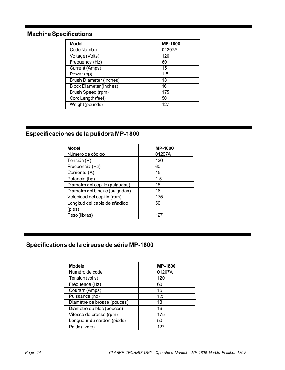 Machine specifications, Especificaciones de la pulidora mp-1800, Spécifications de la cireuse de série mp-1800 | Clarke Alto MP-1800 User Manual | Page 14 / 32