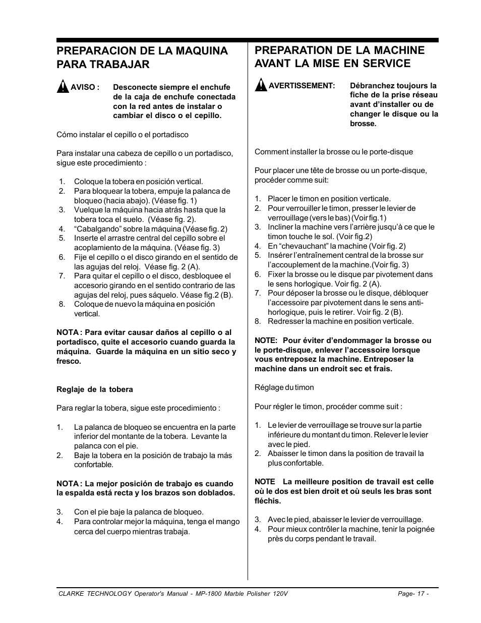 Preparacion de la maquina para trabajar, Preparation de la machine avant la mise en service | Clarke Alto MP-1800 User Manual | Page 17 / 32