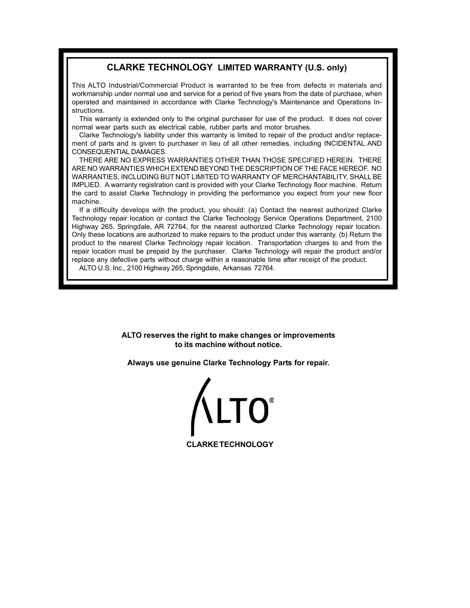 Clarke technology limited warranty (u.s. only) | Clarke Alto MP-1800 User Manual | Page 32 / 32