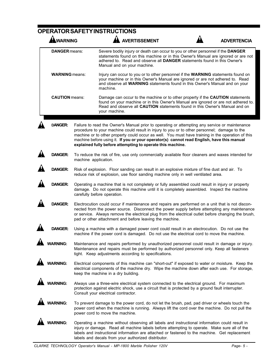 Operator safety instructions | Clarke Alto MP-1800 User Manual | Page 5 / 32